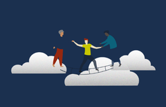 Illustration de personnes s'entraidant sur des nuages